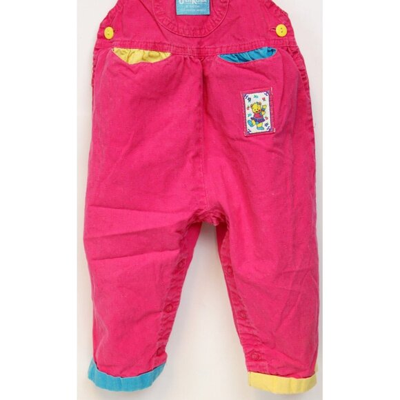 Vtg 90s Oshkosh Pink Colorblock Overalls girls 2T Dancing Bear Woven Flower USA - Picture 5 of 11